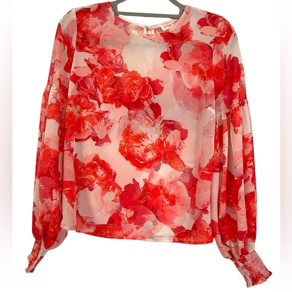 Floral Red Ruffle Sleeve Women's Long Sleeve Top Pink Floral, Women’s Sz S